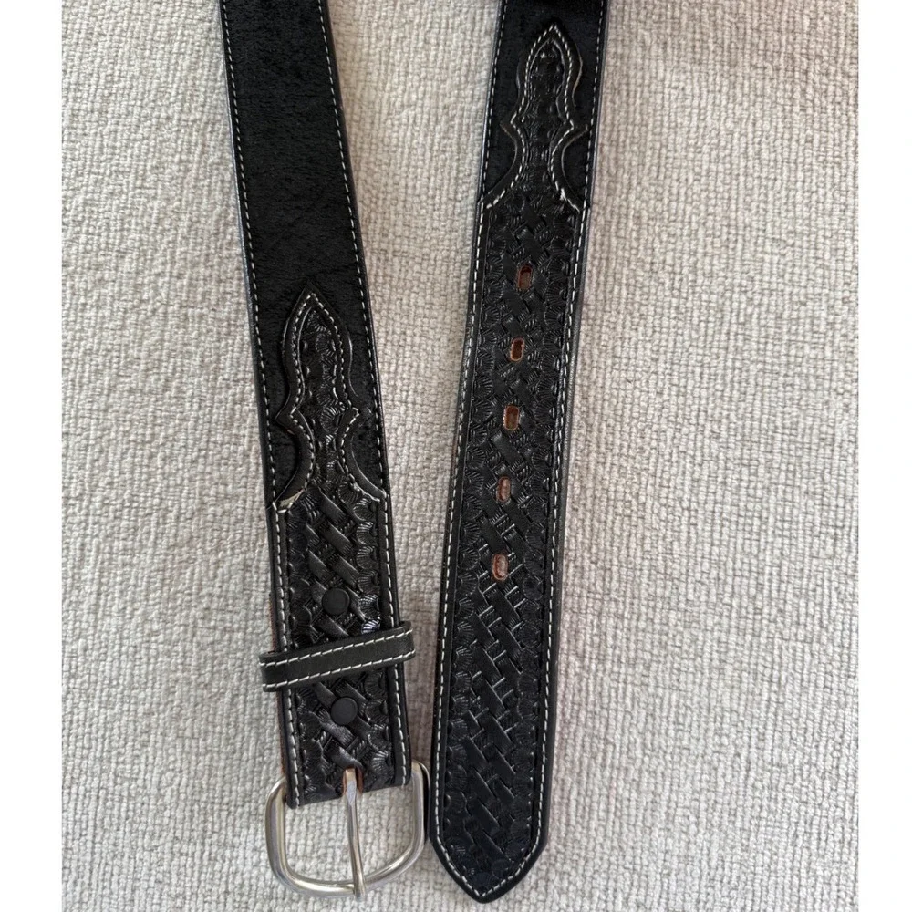 Nocona Men's Western Belt Size 56 Black Tooled Leather Basketweave USA Made